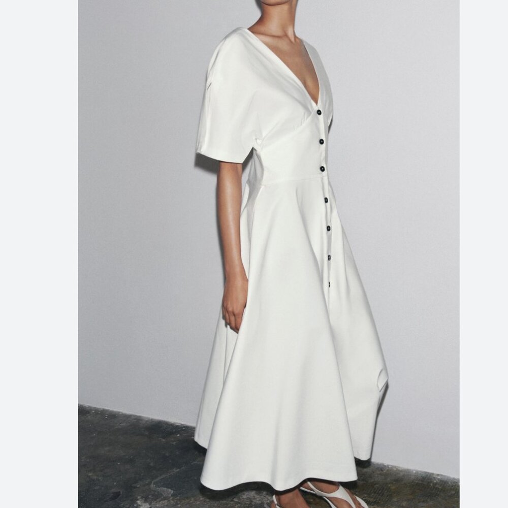 Zara White Button-Front Midi Dress